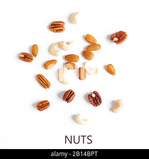 Nuts isolated on white background. Various nuts assortment: pecan, almond, cashew, walnut, healthy eating design elements, copy space. Stock Photo