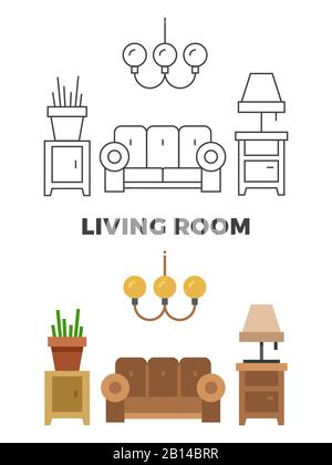 Living room concept - flat and line style living room design. Vector illustration Stock Vector