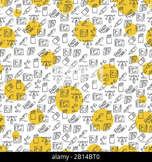 Office icons seamless pattern with yellow rounds. Background tools. Vector illustration Stock Vector