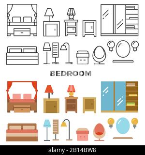 Bedroom furniture and accessories collection - flat furniture icons. Bed and chair interior, vector illustration Stock Vector