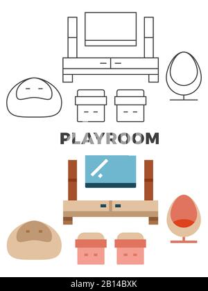 Playroom concept - flat and line style room design. Interior play room. Vector illustration Stock Vector