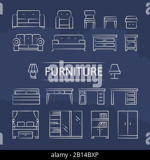 Living room furniture and table lamps line icons set. Design interior lamp table and sofa, vector illustration Stock Vector