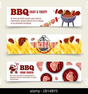 BBQ and steak horizontal banners template. Set of bbq cards. Vector illustration Stock Vector