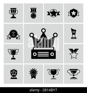 Awards, trophy and prizes black icons. Symbol of winner and champion. Vector illustration Stock Vector