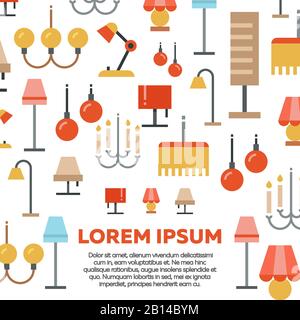 Lighting shop poster design with flat icons. Background poster with lamp. Vector illustration Stock Vector