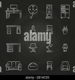 Work room furniture and accessories icons on chalkboard. Armchair and table. Vector illustration Stock Vector