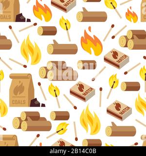 Fiery and wooden seamless pattern - matches, logs and bonfire seamless texture. Vector illustration Stock Vector