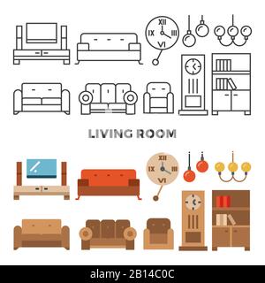 Living room furniture and accessories collection - flat home design icons. Vector illustration Stock Vector