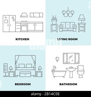 Thin line rooms concepts - apartment concept design. Furniture for home rooms. Vector illustration Stock Vector