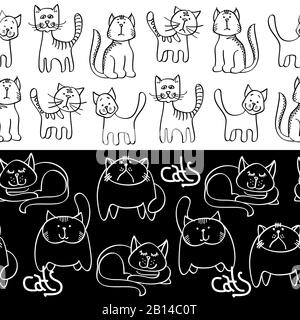 Black and white doodle cats seamless borders. Background with cats. Vector illustration Stock Vector