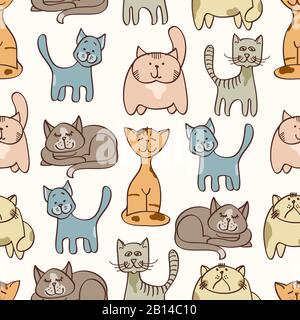 Hand drawn cute cats seamless pattern - pets seamless background. Vector illustration Stock Vector