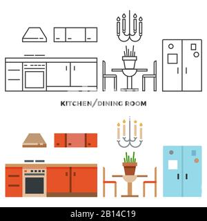Kitchen and dining room furniture and accessories collection - flat home design icons. Vector illustration Stock Vector