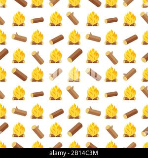 Wood logs and bonfires seamless pattern. Background with bonfire or campfire, vector illustration Stock Vector