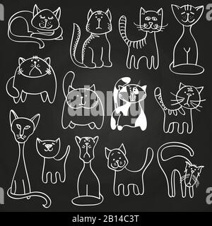 Hand drawn doodle cats set on blackboard. Sketch cats on blackboard, vector illustration Stock Vector
