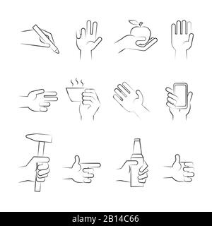 Hand drawn hand icons with tools and other objects. Vector illustration Stock Vector