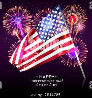 Happy Independence Day with USA flag and fireworks. Symbol america patriotism day. Vector illustration Stock Vector