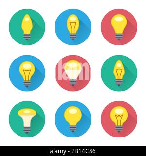 Colorful light bulbs flat icons set. Collection lamp idea in color round. Vector illustration Stock Vector