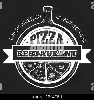 Hand drawn pizzeria label on chalkboard. Banner to pizzeria. Vector illustration Stock Vector