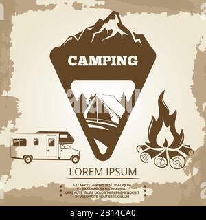 Camping label, bonfire and travel bus on vintage backdrop. Vector illustration Stock Vector