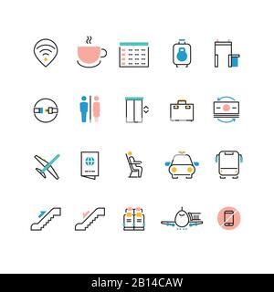 Airoport icons with line and colorful elements. Airport and airplane pictogram icons set luggage and taxi illustration Stock Vector