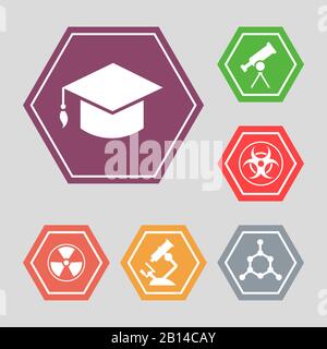 White science vector icons - molecule, hat, microscope. Knowledge design icon, vector illustration Stock Vector