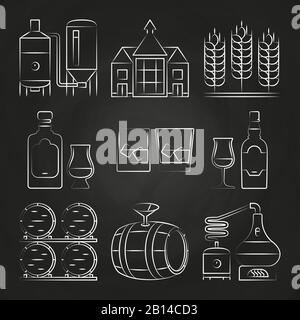 Whiskey process and icons on chalkboard. Distillery whiskey, vector illustration Stock Vector