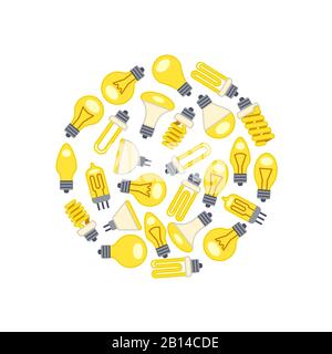 Yellow light bulbs icons in circle on white background. Vector illustration Stock Vector