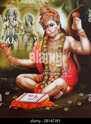 hanuman indian holy god monkey  jayanti flowers  illustration Stock Photo