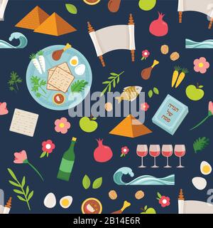 Pesah celebration concept , jewish Passover holiday seamless pattern. Traditional Passover icons and symbols , four wine glasses, Matza, spring Stock Vector