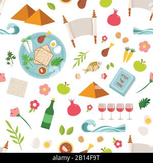 Pesah celebration concept , jewish Passover holiday seamless pattern. Traditional Passover icons and symbols , four wine glasses, Matza, spring Stock Vector
