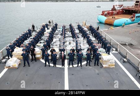 U.S. Attorney General Jeff Sessions stands with Coast Guardsmen before a drug offload aboard the USCGC Stratton (WMSL 752) in San Diego Sept. 20, 2017. More than 55,000 pounds of cocaine and a smaller amount of heroin was seized by the Stratton's crew. The Coast Guard and its interagency partners seized over 455,000 pounds of cocaine worth more than $6 billion wholesale in Fiscal Year 2017, breaking the U.S. record for most cocaine seized in a single year. (U.S. Coast Guard photo by Chief Petty Officer Brandyn Hill)