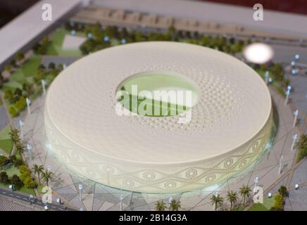 December 4, 2017 Moscow, Russia. The mock-up of the Al Thumama Stadium at which the matches of the FIFA World Cup 2022 in Qatar will be held. Stock Photo