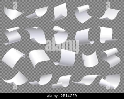 Flying paper pages. Falling papers documents sheets, document with curved corner and fly page sheet isolated vector objects set Stock Vector