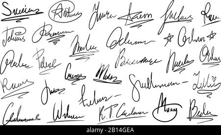 Handwritten signature. Manual signatures, manuscript sign for documents and hand drawn autograph lettering isolated vector set Stock Vector