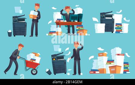 Office documents copier. Printed business papers, businessman broke printer and documents copy machine cartoon vector illustration Stock Vector