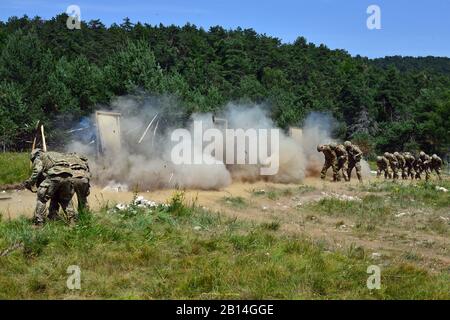 U.S. Army Paratroopers assigned to the 54th Brigade Engineer Battalion, 173rd Airborne Brigade, conduct urban breach training as part of Exercise Rock Knight at Pocek Range in Postonja, Slovenia, July 20, 2017. Exercise Rock Knight is a bilateral training exercise between the U.S. Army 173rd Airborne Brigade and the Slovenian Armed Forces, focused on small-unit tactics and building on previous lessons learned, forging the bonds and enhancing readiness between allied forces. The 173rd Airborne Brigade is the U.S. Army's Contingency Response Force in Europe, providing rapidly-deploying forces to