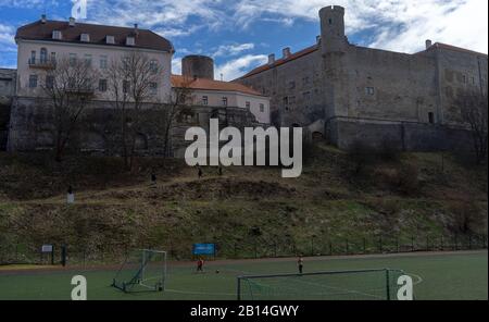 April 21, 2018 Tallinn, Estonia. Football field at the fortress wall of the Old city in Tallinn Stock Photo