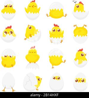 Cute chicken in egg. Easter baby chick, newborn chickens in eggshell and farm kids chicks isolated cartoon vector illustration set Stock Vector