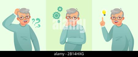 Grandfather thinking. Elderly man solved question, thoughtful senior male and confused old people vector cartoon concept illustration Stock Vector