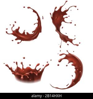 Chocolate milk splash. Milkshake splashes drop, tasty chocolates milks shakes splashing realistic vector set Stock Vector