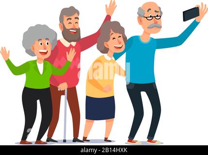 Old people selfie. Senior people taking smartphone photo, happy laughing group of seniors cartoon illustration Stock Vector