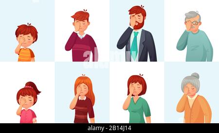 Facepalm gesture. Disappointed people embarrassed faces, hide face behind palm and shame gestures cartoon vector illustration Stock Vector
