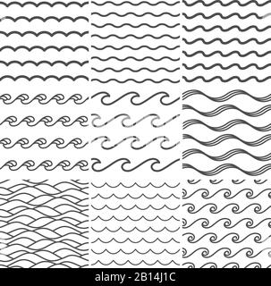 Seamless water waves pattern. Sea wave, ocean waters and wavy lake. Aqua patterns vector background collection Stock Vector