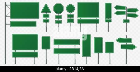 Direction sign board. Road destination signs, street signage boards and green directing signboard pointer isolated vector illustration Stock Vector