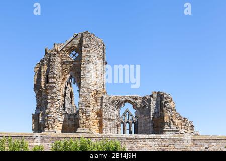 The ruins of Whitby Abbey in Yorkshire, Northern England.  The abbey was originally a Christian monastery later becoming a Benedictine abbey. Stock Photo