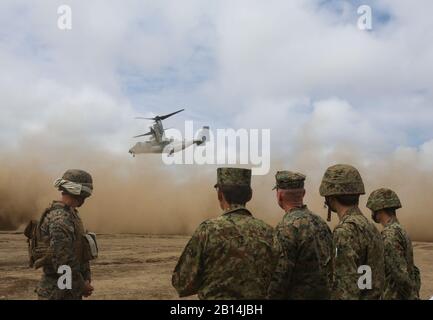 U.S. Marines and members of the Japan Ground Self-Defense Force watch as the MV-22 Osprey takes off Aug. 18, 2017, in Hokudaien, Japan, marking the first time the Osprey landed in northern Japan. U.S. Marine Corps Col. James Harp, the Marine Air-Ground Task Force commander of Northern Viper 17, and Japan Ground Self-Defense Force Col. Iwana, deputy commander of Northern Army 11th Brigade particpated in a joint interview to discuss the Osprey's capabilities. This aircraft allows Marines to have the ability to rapidly respond to any contingency worldwide. (U.S. Marine Corps photo by Lance Cpl. S