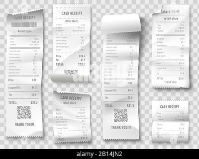 Shopping receipt. Retail store purchase receipts, supermarket invoice printing and purchasing bill isolated vector collection Stock Vector