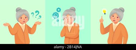 Grandmother thinking. Confused older female, thoughtful senior woman solved question or remembered answer vector cartoon illustration Stock Vector