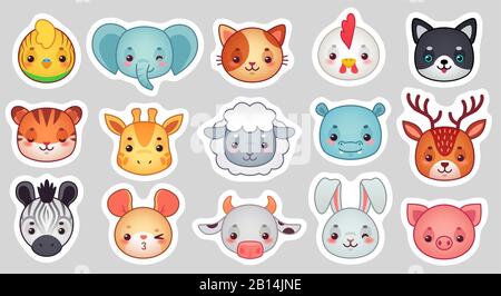 Cute animal stickers. Smiling adorable animals faces, kawaii sheep and funny chicken cartoon vector illustration set Stock Vector