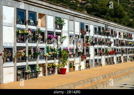 Spanish cemetery with family vaults, Oriheula, Costa Blanca, Spain, Stock Photo